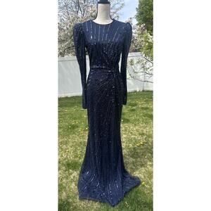 Mac Duggal Navy Blue Sequin Stripe Long Sleeve Sheath Gown Size 2 $598 NEW